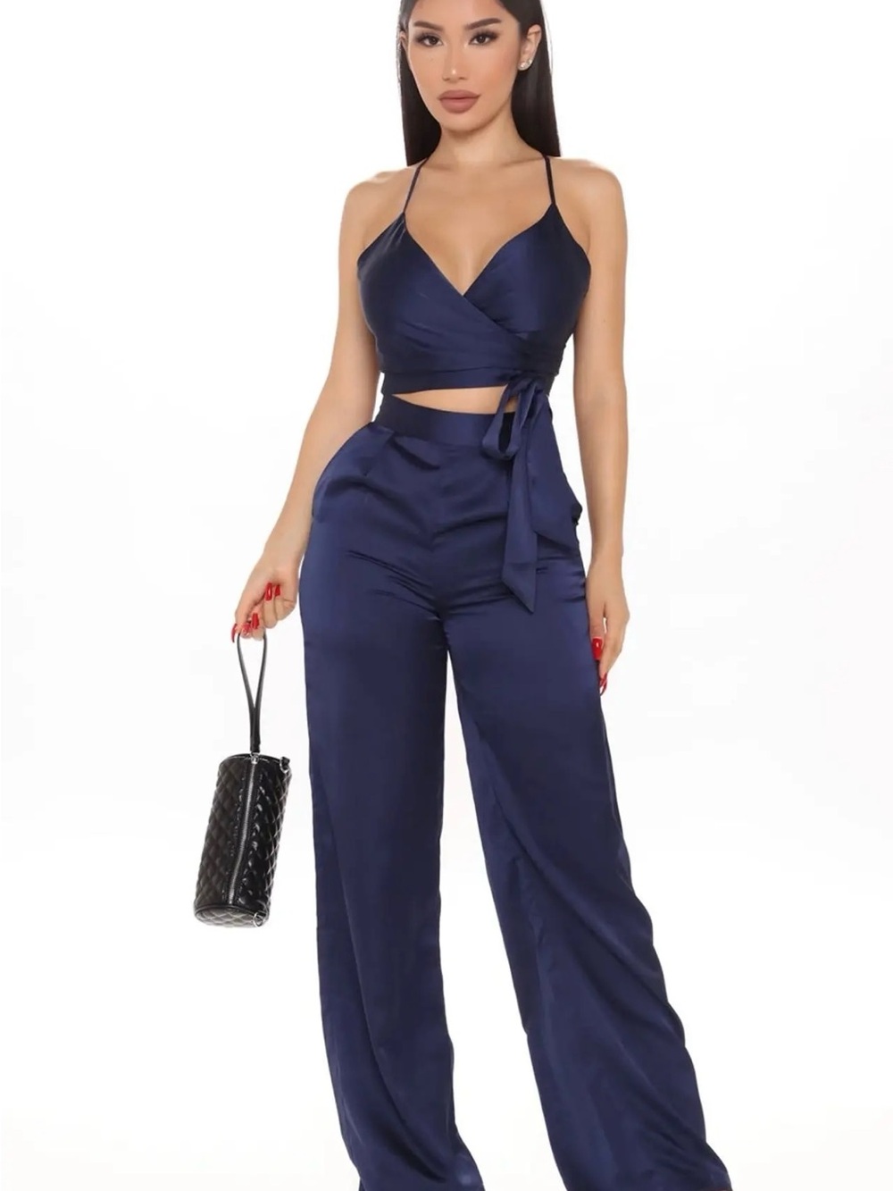 Fashion Nova Navy Satin Wrap Crop Top & Wide-Leg Pants Set